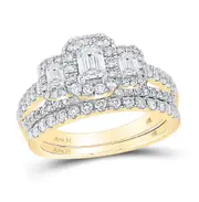 14k Yellow Gold Emerald Diamond 3-Stone Bridal Wedding Ring Set 1-1/2 Cttw (Certified)
