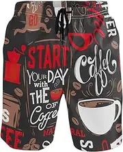 [GuoChe] Men's Swim Trunks Coffee Lettering Retro Red Black Quick Dry Bathing Suits Beach Swim Shorts Pants with Mesh Lining