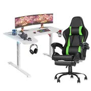 Advwin L Shape 140cm Gaming Desk RGB LED Light White & Gaming Chair Racing Recliner Executive Seat Office Chair Black & Green