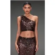 Dark Brown Sequin Mesh One Shoulder Top, Dark Brown