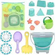 Beach Toys Sand Toys Set for Kids, Collapsible Sand Bucket and Shovels Set with Mesh Bag, Sand Molds, Flags, Sandbox Toys for Kids and Toddlers, Travel Sand Toys for Beach (Tavel Size)