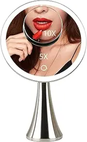 9inch Lighted Round Makeup Vanity Mirror, 5X/10X Dual Magnification with Ultra Bright LED Lights Beauty Mirror, Rechargeable, Cordless, Touch Control Adjustable Brightness, Brushed Stainless Steel