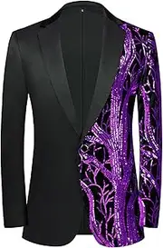 [JEShifangjiusu] Men Shiny Sequin Suit One Button Slim Fit Prom Blazers Tuxedo for Wedding Party, Purple, XL