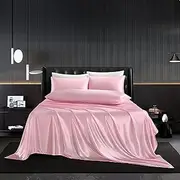 HommxJF 4Pcs Satin Sheets Set Twin Size Sheets Pink Silk Luxury Bedding Sheets with 1 Satin Flat Sheet, 1 Deep Pocket Fitted Sheet, 2 Pillowcases