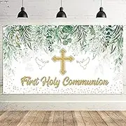 Xtralarge First Holy Communion Backdrop Banner Greenery Leaves God Bless Baptism Party Decoration Background for Christening Ceremony Newborn Baby Shower Table Decor Banner Photo Booth Props