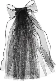 [Minkissy] Bow Veil Bridal Pearl Veil Wedding Mesh Headpieces Bridesmaid Robes Satin Robe Wedding Hair Clip Bridal Hair Accessories Halloween Costumes Outfits Goth Clothes Costumes Net Black