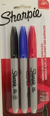 Sharpie Fine Permanent Markers Marker Black Blue Red w Pocket Clips 3/Pk 30173