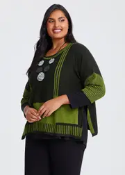 [TS] Taking Shape Spliced Stripe Cotton Knit Jumper Size 14-16 in Black / Greenery - Plus Size Women's Knitwear Black / Greenery