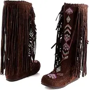 [BORAMAX] Women's Fringe Western Boots, Flat Boots Suede Embroidered Closure Fringe Mid Calf Knee High Flat Boots Travel Boots