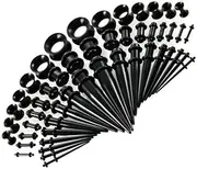 [sojupcal] 50-Piece Ear Stretching Kit, 14G-00G Acrylic Tapers and Silicone Tunnels, Black Ear Gauge Expander Set for Body Piercing Jewelry, One Size, Silicone, No Gemstone