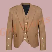 Traditional Men Brown Tweed Wool Argyle Kilt Jacket with Waistcoat / Vest