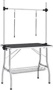 vidaXL Resistant Adjustable, Sturdy and Foldable Dog Grooming Table with Storage Basket - Stainless Steel, Steel & Engineered Wood, Black and Silver