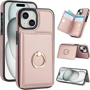 Boyobacase for iPhone 14 Plus Case Wallet with Card Holder,for iPhone 15 Plus Flip Case 360°Rotation Ring Holder Kickstand Protective Phone Cover with 4 Card Slots and Cash Pocket-Rose Gold