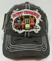HAPPY GLAMPING Cap Pigment Washed Distressed Dad Hat Adult OSFM Black NWT
