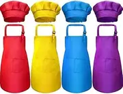 [JEOJEOY] 4 pcs Apron and Chef Hat Sets, Adjustable, with 2-Pocket Kitchen Apron