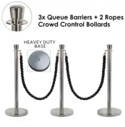 3x Queue Barriers +2 Ropes Crowd Control Bollards Stanchions (Silver+Black ROPE)