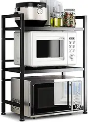 Cozioz 3 Tier Expandable Microwave Oven Rack – Adjustable Countertop Shelf for Kitchen Utensils and Tableware Storage, Carbon Steel Over-Microwave Organizer with 6 Hooks