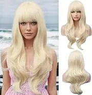 BERON Blonde Wig Long Wavy Wig with Bangs Synthetic Wig Long Wig Blonde Wigs for Cosplay Costume Party with Wig Cap