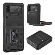 For Samsung Galaxy Z Flip 4 5G Case, Military Grade 360 Degree Rotating Metal Magnetic Ring Car Mount Holder Kickstand Shockproof Heavy Duty Cover (Black)