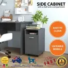 Rolling Storage Cabinet High Gloss Grey Side Table Lockable Wheels Cupboard Unit