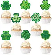 Dtzzou 32 Packs Shamrock Clover Cupcake Toppers Lucky Cupake Toppers for St Patrick's Day Irish Theme Party Favor Supplies
