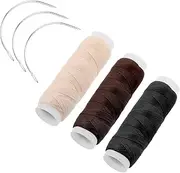 3Rolls Hair Weaving Thread Cotton, Sewing Threads and Needles Set Thread for Hair Extensions Black Weaving Thread with 3 Pcs Curved Needles or Hand Sewing Wig Making Hair Weave Weft Craft DIY