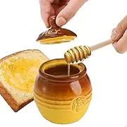 SHZMJL Porcelain Honey Jar, Ceramic Pot With Wood Dipper and Lid, 8.8 Oz Yellow Bee Embossed Storage Container for Kitchen, White and Yellow ZM-06