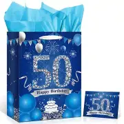 50th Birthday Gift Bag, 10'' Navy Blue Silver 50th Birthday Gift Bag with Tis...