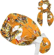[FVQL] 2 Pack Bouffant Scrub Caps Women, Ponytail Scrub Cap with Hair Scrunchies, Butterflies and Jungle Flower Leaf