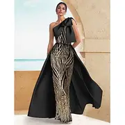 Black Tie Mermaid / Trumpet Evening Gown Elegant Black Dress Formal Wedding Floor Length Sleeveless One Shoulder Stretch Satin with Bow(s) Gold Sequin Lace 202