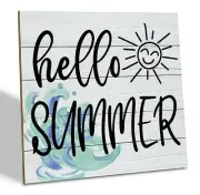 Hello Summer Wood Sign, Wood Plaque Table Art Sign, Summer Sunshine Sign,