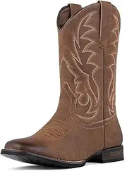 [J's.o.l.e] Cowboy Boots for Men Western Boots Wide Square Toe Men's Work Boots Classic Embroidered with Pull On Slip Resistant Boots Brown