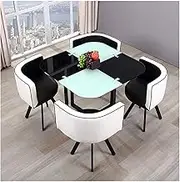Vintage Round Dining Table Set with Cushioned Back Chairs Modern Home Furniture for Cafe Lounge Office Hotel Business Space Saving 5 Piece Design