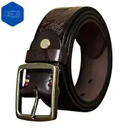 Genuine Leather Nature Pattern Embossed Waist Strap Pin Buckle Mens Luxury Belt