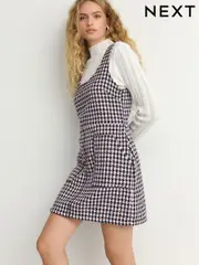 Black Pink Houndstooth Pattern Layered Pocket Front Knitted Pinafore Mini Dress (E55321) | $46