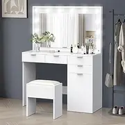 ALFORDSON Dressing Makeup Table & Stool Set, Vanity Desk with Mirror 12 LED Light Bulbs in Adjustable 3-Colour, Jewellery Dresser Organiser with Drawers for Bedroom Dressing Room, White