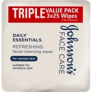 Johnson's Daily Essentials Facial Cleansing Wipes Normal Skin 3 x 25 pack