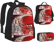 [ERCgad] Christmas Magic Print Canvas 3-In-1 School Bags Set Backpack Lunch Bag Pencil Case Combo For Men Women, Black, One Size
