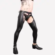 Men Gay Faux Latex Leather Pants Sexy Open Crotch Nightclub Punk