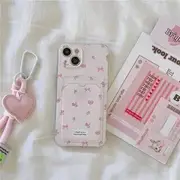Floral Card Holder Phone Case - iPhone 15 Pro Max / 15 Pro / 15 Plus / 15 / 14 Pro Max / 14 Pro / 14 Plus / 14 / 13 Pro Max / 13 Pro / 13 / 13 mini / 12 Pro Max / 12 Pro / 12 / 12 mini / 11 Pro Max / 11 Pro / 11 Without Strap - Pink - iPhone 14 Pro