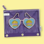 Yoobi Brand ~ Binder Zip Case ~ Purple w/Pink Glasses ~ Burger Sunnies Theme