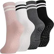 [QuokkaChic] 4 Pairs Yoga Grip Socks Women, Non Slip Pilates Socks Ladies Mid-Calf,Breathable Cotton Socks for Ballet, Running, Dance, Workout, Fitness