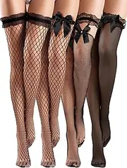 [Bencailor] 4 Pairs Fishnet Thigh High Stocking Silicone Lace Top Sheer Over Knee Stocking Silky Stockings for Women