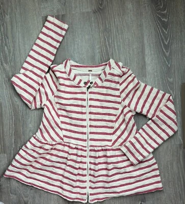 Free People Striped Peplum Jacket Full Zip Knit Cardigan Red Ivory Size S NWT