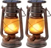 Solar Lantern Outdoor, 2 Pieces Vintage Solar Lantern LED Storm Retro Camping Lantern with Flame Effect Waterproof Outdoor LED Lantern Solar Light fo