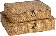 FOSSORH Set of 2 Flat Seagrass Storage Bins with Lid Wicker Storage Baskets for Organizing, Woven Shelf Organizer Bins Home Utility Organizer Box for Home & Office Supplies (Caramel)