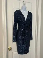 Alex Marie Stretch Navy Blue Low Cut Sequin Knotted Front Midi Dress