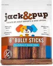 Jack&Pup 6-inch Premium Grade Odor Free Bully Sticks Dog Treats [Extra-Thick] (5 Pack) ? 6” Long All Natural Gourmet Dog Treat Chews ? Fresh and Savory Beef Flavor ? 30% Longer Lasting