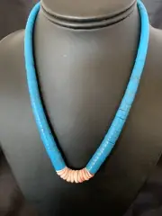 Blue Turquoise & Spiny Oyster Southwestern Santo Domingo Necklace 19" 12526