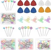 Swpeet 261Pcs Sewing Flat Head Pins Set Contains 200Pcs Butterfly, Plum Blossom, Button, Bow Tie Head Pins, 50Pcs Mixed Colors Sewing Clip, 10Pcs 4 Colors Tailors Chalk, 1Pc Measuring Tape for DIY